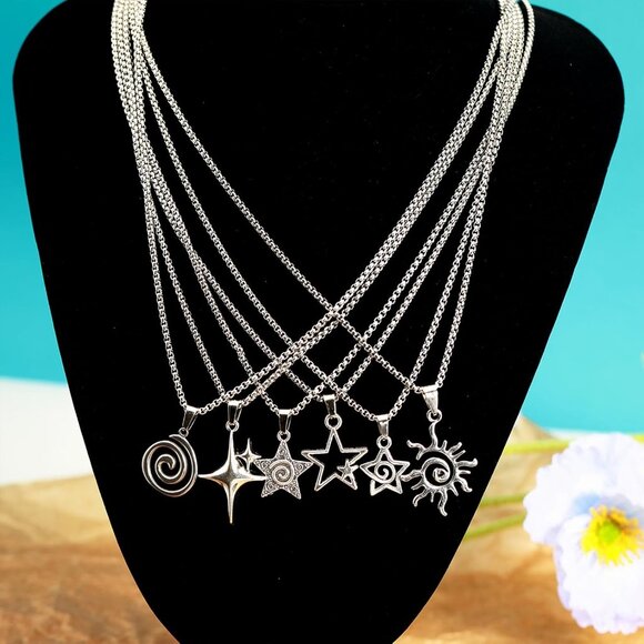 6PCS Y2K Sun Pentagram Necklace Set for Women Men Gothic Jewelry - Picture 3 of 6